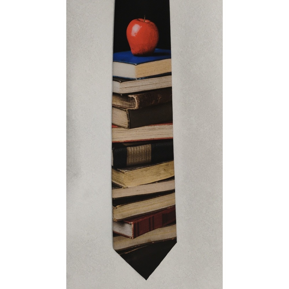 Vintage 1998 Ralph Marlin‎ Stack O' Books Novelty Tie Librarian Teacher Apple